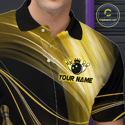 Black and gold bowling shirt with a logo and 'Your Name' text, brand 'Chipleemz' visible.