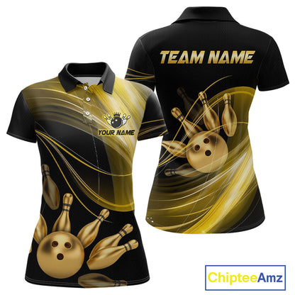 Bowling-themed polo shirt with customizable text on a white background