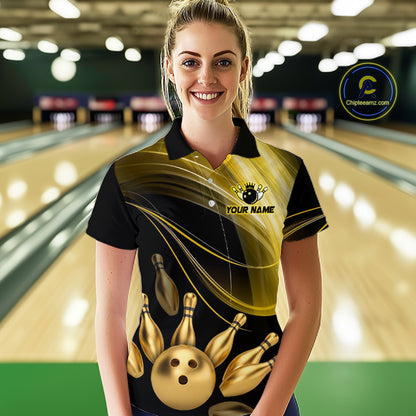 Woman wearing a custom bowling shirt with a bowling ball and pins design in a bowling alley.