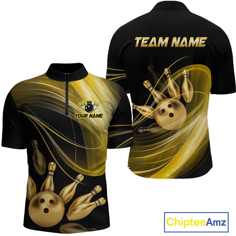 Bowling jersey with gold and black design featuring a bowling ball and pins, with 'Team Name' text on the back.