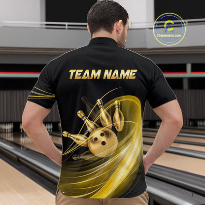 Man wearing a black bowling shirt with gold graphics and 'TEAM NAME' text in a bowling alley.