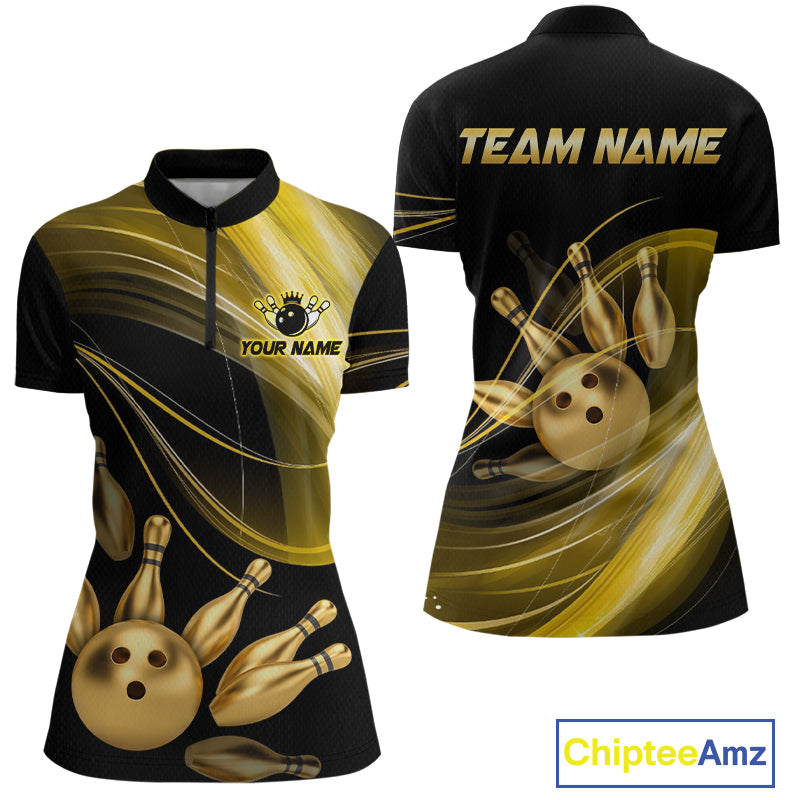 Bowling-themed shirt with gold and black design, featuring a bowling ball and pins, with 'Team Name' text on the back.