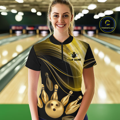 Woman wearing a custom bowling shirt with a bowling ball and pins design in a bowling alley.