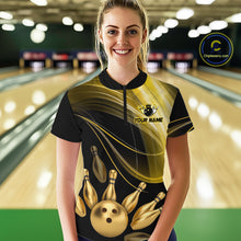 Load image into Gallery viewer, Woman wearing a custom bowling shirt with a bowling ball and pins design in a bowling alley.