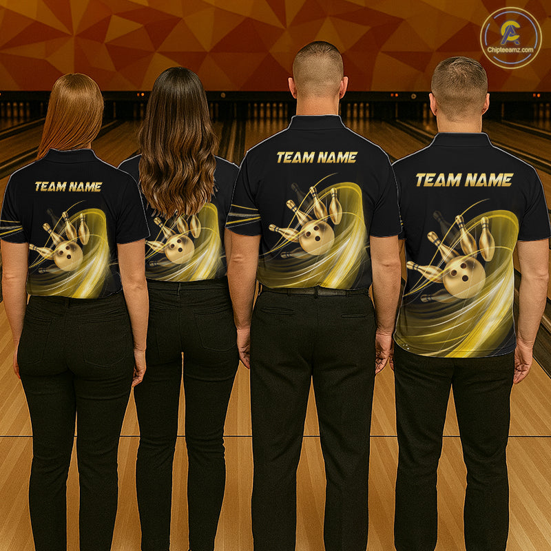 Four people wearing black shirts with a bowling design and 'Team Name' text on a bowling alley background.
