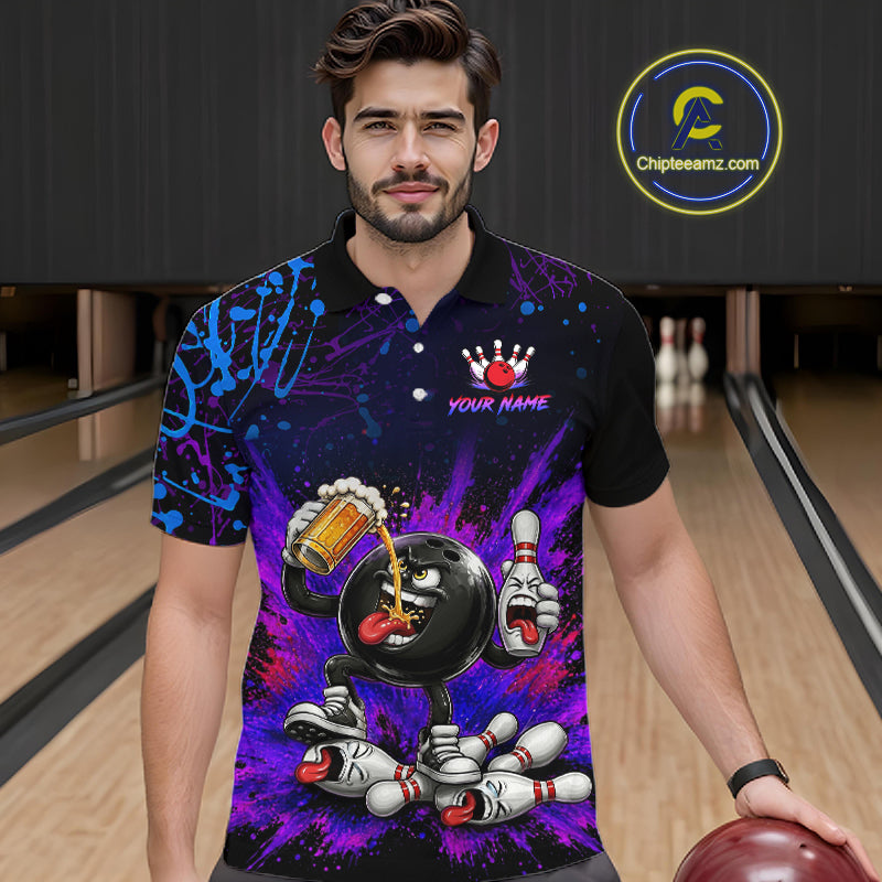 Man wearing a colorful bowling-themed shirt in a bowling alley.