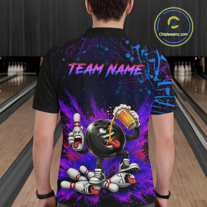 Person wearing a colorful bowling-themed shirt with 'Team Name' text in a bowling alley.
