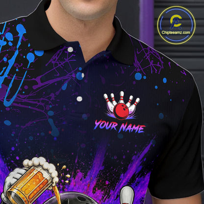 Person wearing a colorful bowling-themed polo shirt with a logo and text overlay.