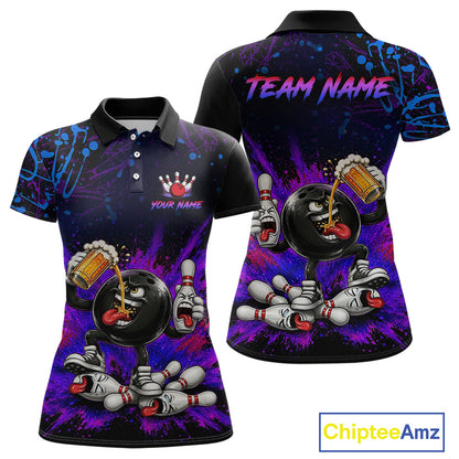 Bowling-themed polo shirt with customizable text on a black and purple background