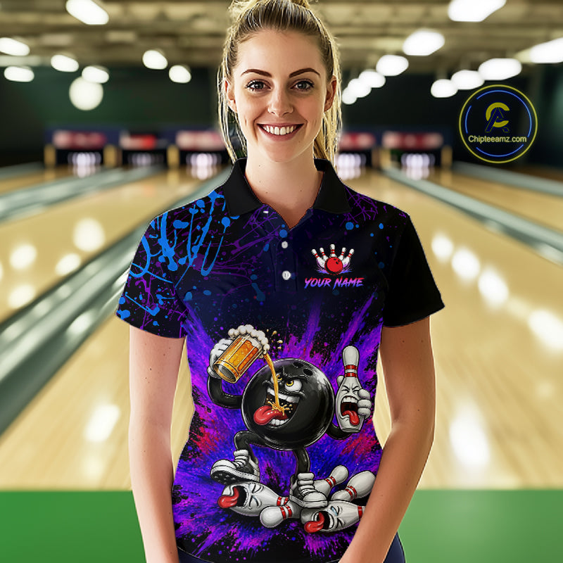 Woman wearing a custom bowling shirt with a design in a bowling alley.