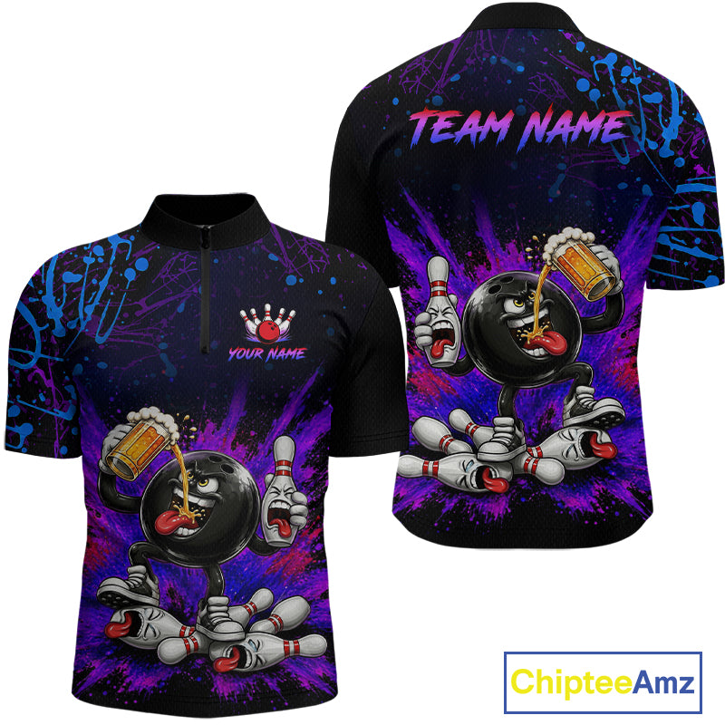 Bowling-themed shirt with cartoon characters and 'Team Name' text on a colorful background