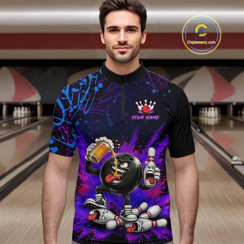 Man wearing a colorful bowling-themed shirt in a bowling alley.