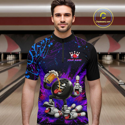Man wearing a colorful bowling-themed shirt in a bowling alley.