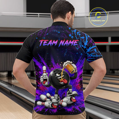 Person wearing a colorful bowling-themed shirt with 'Team Name' text in a bowling alley.