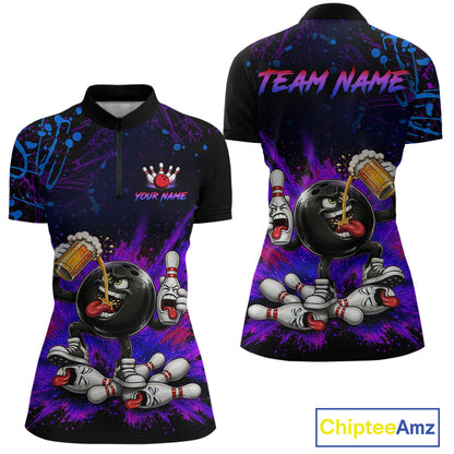 Bowling-themed shirt with cartoon characters and 'Team Name' text on a purple and black background, featuring the brand 'Chiptee Amz'.