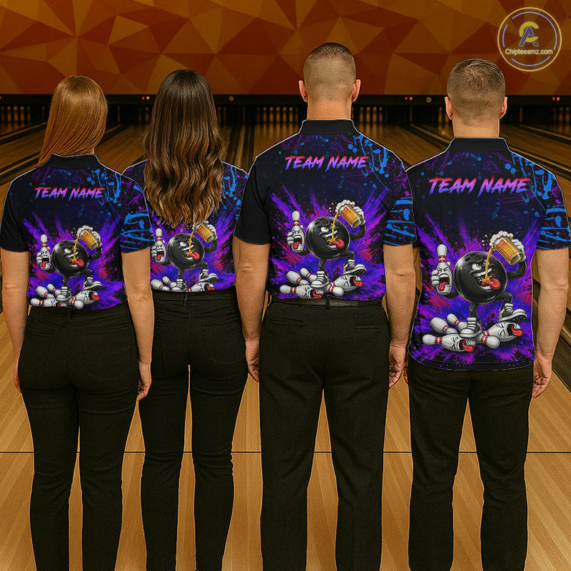 Four people wearing matching bowling team shirts with a colorful design on a bowling alley.