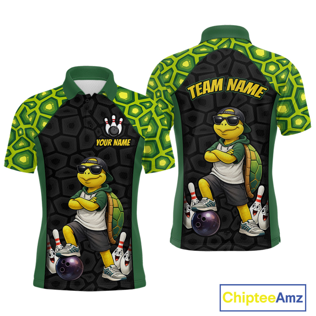 Custom bowling-themed short-sleeve polo shirt shown from both front and back views. The shirt features a green and black turtle-patterned design with a cartoon turtle character wearing sunglasses, bowling pins, and bowling balls.