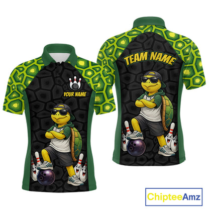 Custom bowling-themed short-sleeve polo shirt shown from both front and back views. The shirt features a green and black turtle-patterned design with a cartoon turtle character wearing sunglasses, bowling pins, and bowling balls.