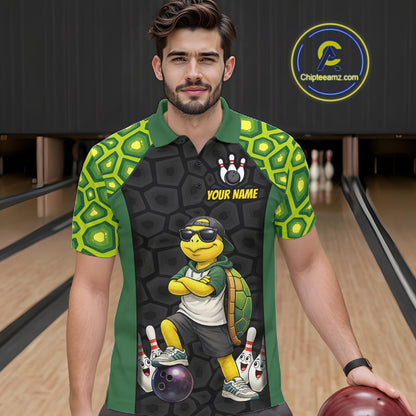 Custom Funny Turtle Bowling League Shirt for Men Green Bowling Jersey Polo & Quater-Zip Bowling Outfit QZT887