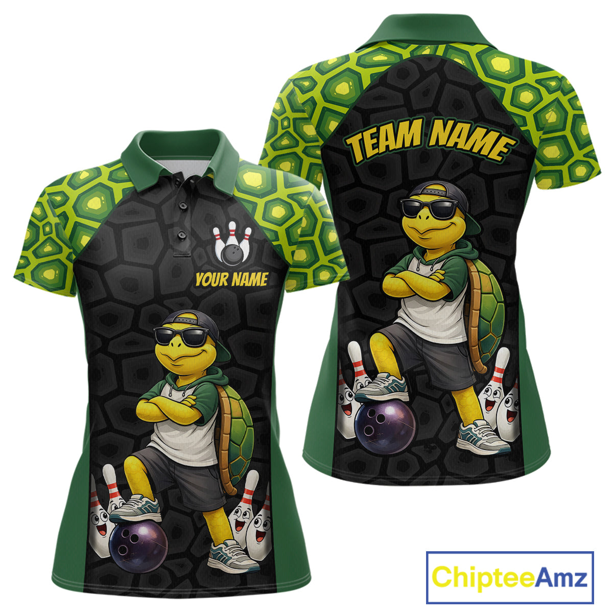 Front and back views of a custom short-sleeve polo shirt featuring a cartoon turtle bowling graphic on a black and green patterned background, with customizable text areas on the chest and back.