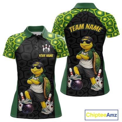 Front and back views of a custom short-sleeve polo shirt featuring a cartoon turtle bowling graphic on a black and green patterned background, with customizable text areas on the chest and back.