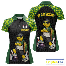 Load image into Gallery viewer, Front and back views of a custom short-sleeve polo shirt featuring a cartoon turtle bowling graphic on a black and green patterned background, with customizable text areas on the chest and back.