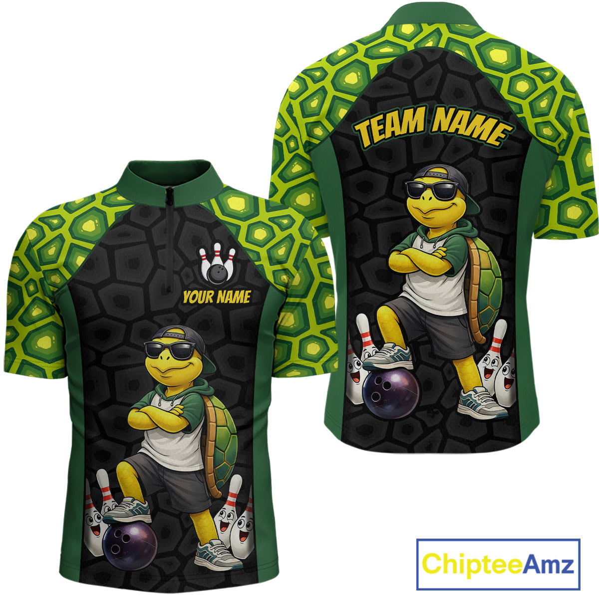 Custom short-sleeve athletic jerseys shown from the front and back, featuring a cartoon turtle bowling graphic on a black and green patterned background, with customizable text areas on the chest and back.