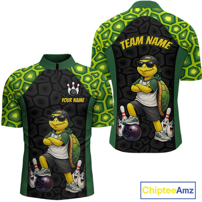 Custom short-sleeve athletic jerseys shown from the front and back, featuring a cartoon turtle bowling graphic on a black and green patterned background, with customizable text areas on the chest and back.