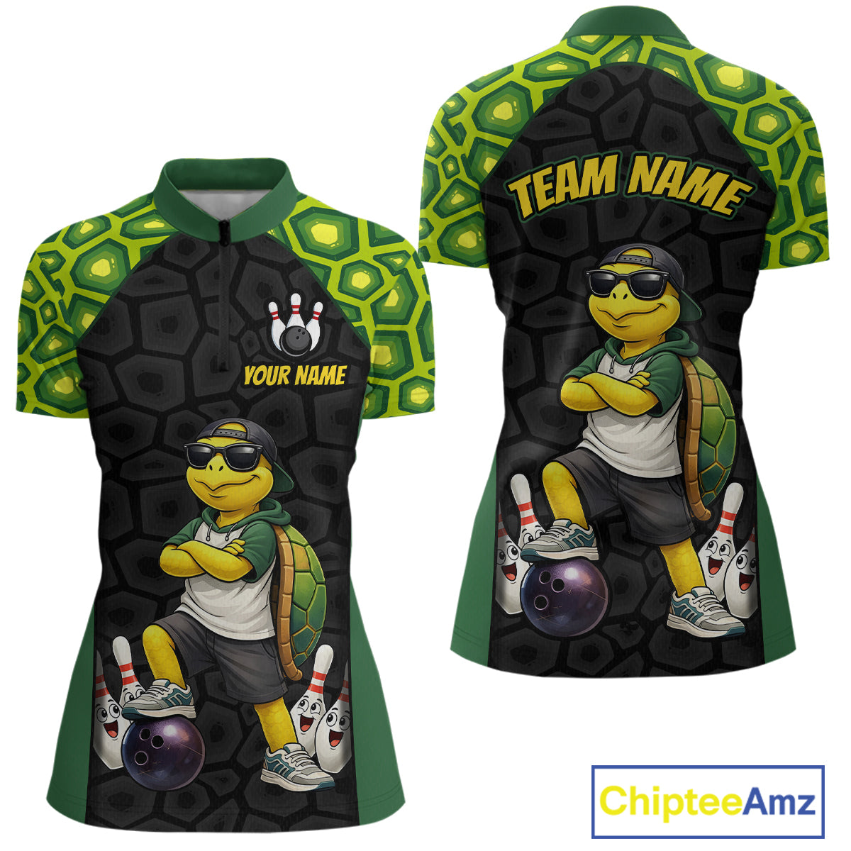 Front and back views of a short-sleeve bowling-themed quarter-zip shirt with a cartoon turtle character, bowling pins, bowling balls, and customizable text placeholders on a white background.