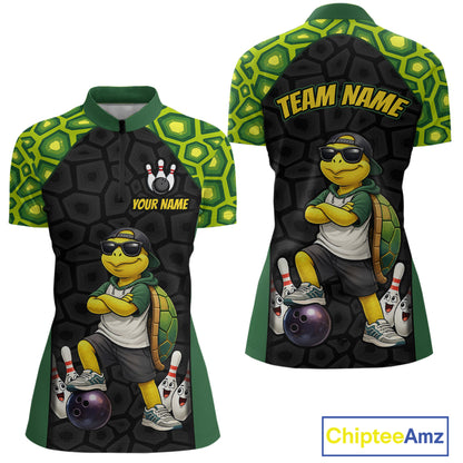 Front and back views of a short-sleeve bowling-themed quarter-zip shirt with a cartoon turtle character, bowling pins, bowling balls, and customizable text placeholders on a white background.