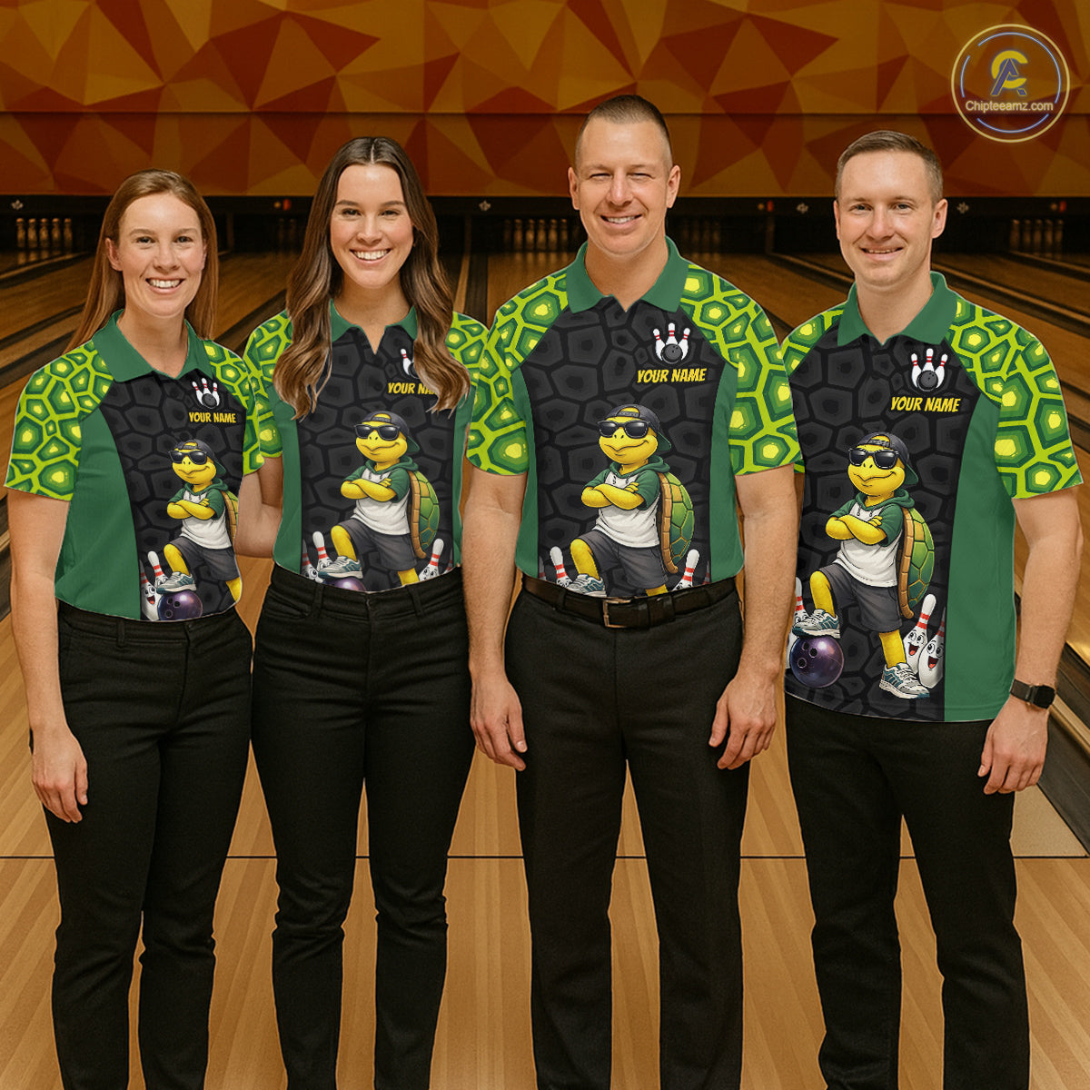 Four people standing together in a bowling alley wearing matching custom bowling shirts with a green and black turtle graphic, black pants, and bowling-themed collars.