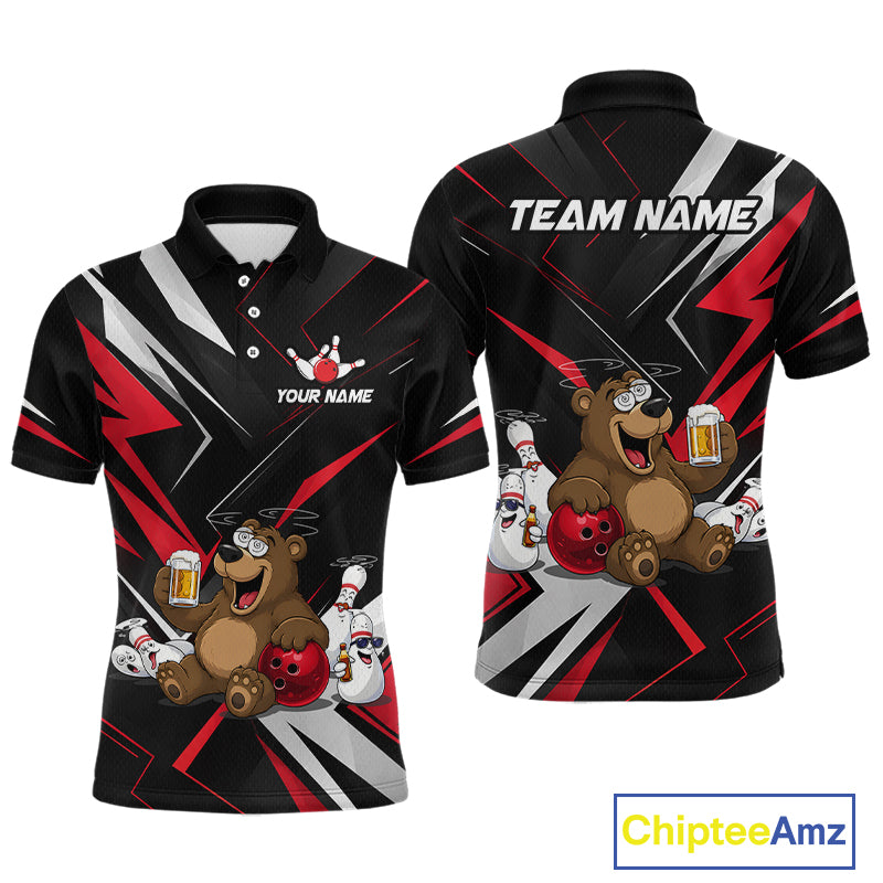 Black polo shirt with cartoon bear design and customizable text on a white background