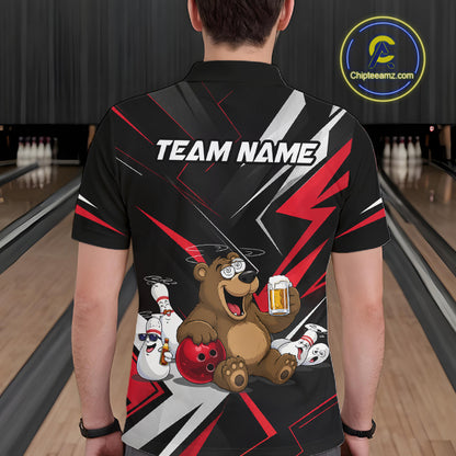 Person wearing a bowling-themed shirt with cartoon characters and 'TEAM NAME' text in a bowling alley.