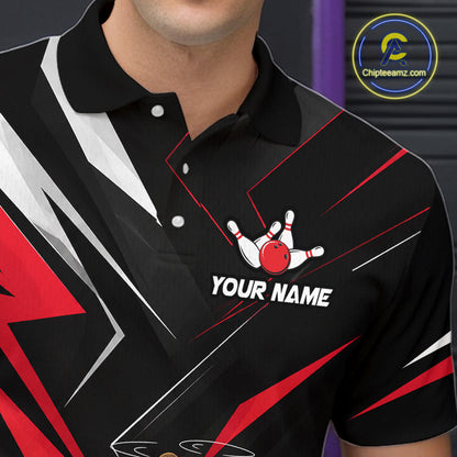 Black polo shirt with red and white design and 'Your Name' text on a dark background