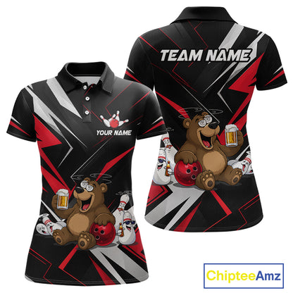 Black and red polo shirt with cartoon bear design and customizable text on a white background