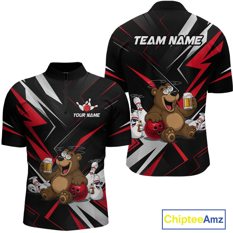 Black sports jersey with cartoon bear design and customizable text on a white background