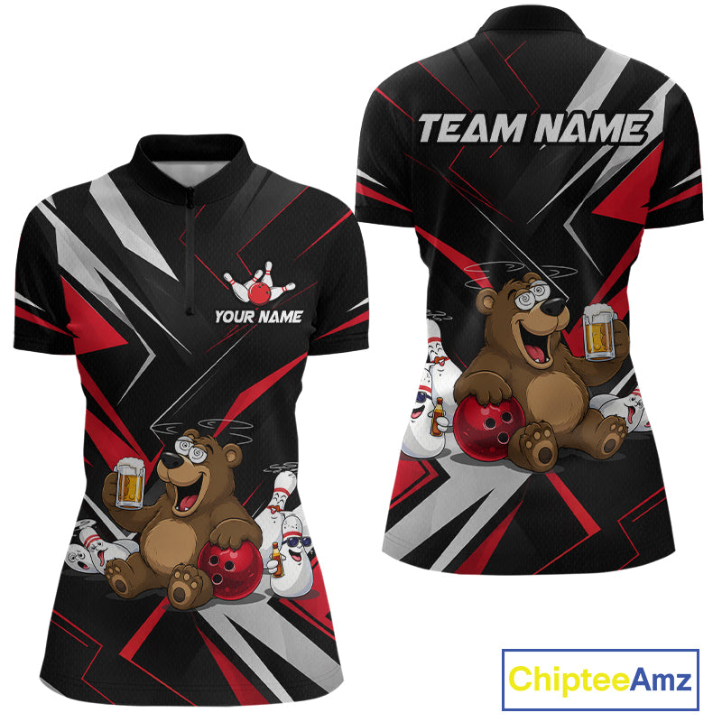 Black bowling-themed polo shirt with bear design and customizable text, featuring Chiptee Amz branding.