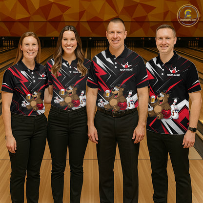 Four people wearing matching bowling shirts with a bear and beer design on a bowling alley.