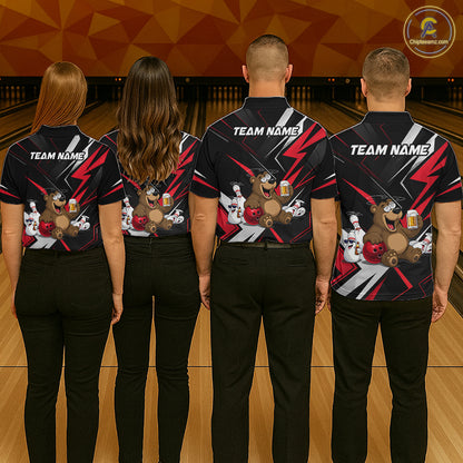Four people wearing bowling shirts with team logos on a bowling alley.