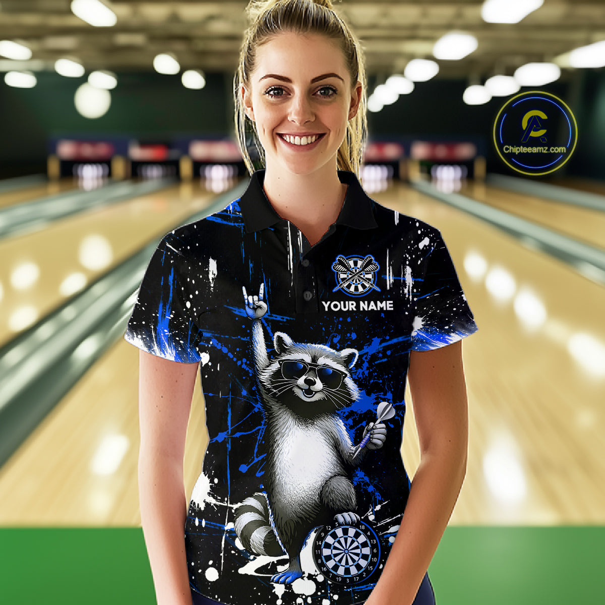 Custom Blue Funny Raccoon Dart Team Shirt for Women Dart Jersey Polo & /4-Zip Dartboard Shirt Outfit DHT29
