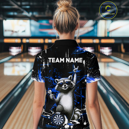 Custom Blue Funny Raccoon Dart Team Shirt for Women Dart Jersey Polo & /4-Zip Dartboard Shirt Outfit DHT29