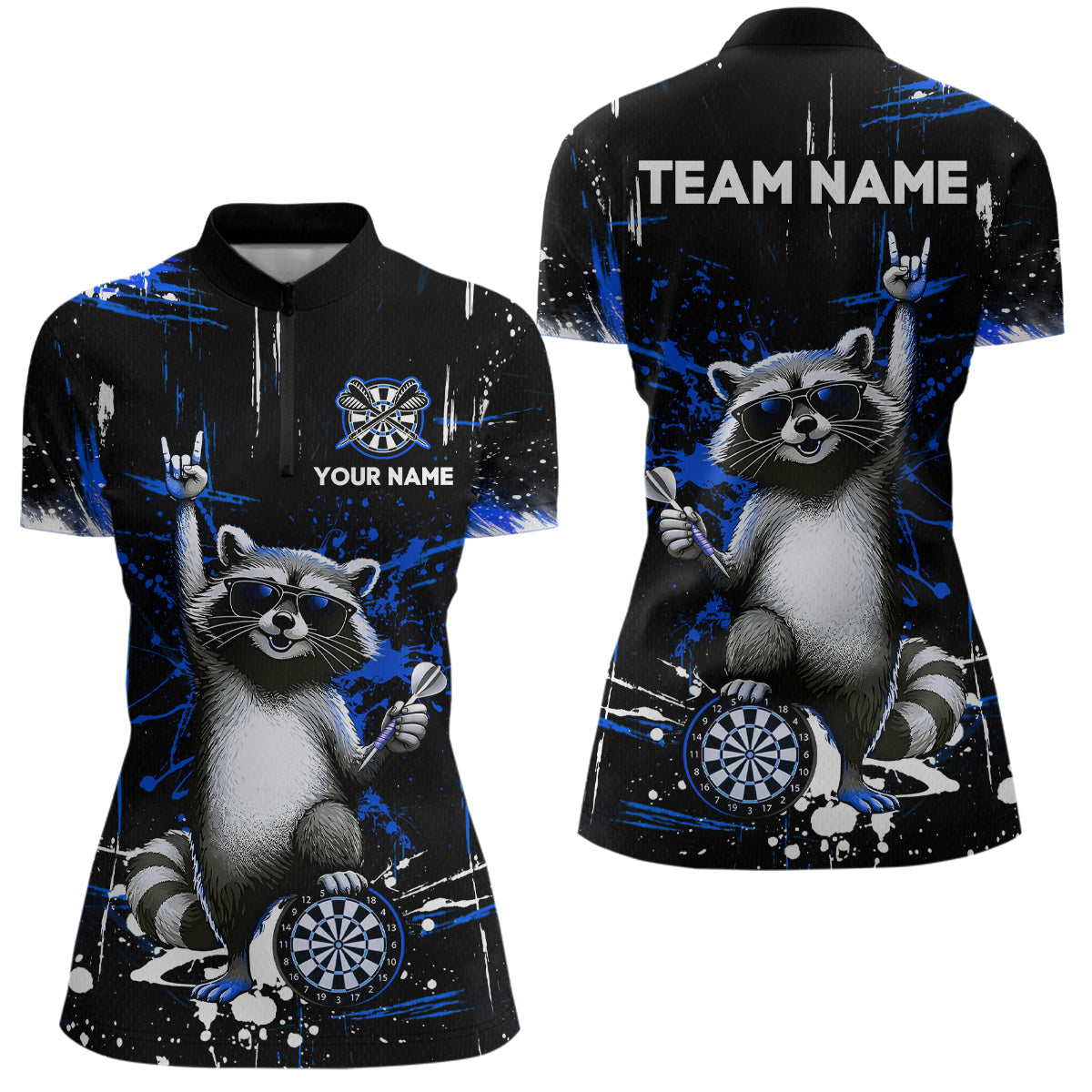 Custom Blue Funny Raccoon Dart Team Shirt for Women Dart Jersey Polo & /4-Zip Dartboard Shirt Outfit DHT29