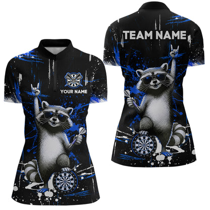 Custom Blue Funny Raccoon Dart Team Shirt for Women Dart Jersey Polo & /4-Zip Dartboard Shirt Outfit DHT29