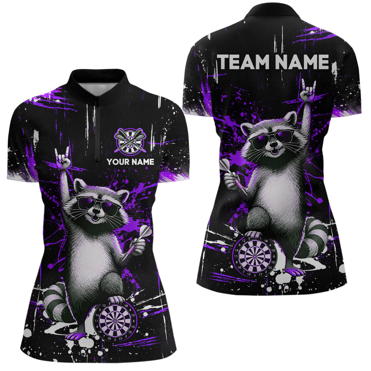 Custom Purple Funny Raccoon Dart Team Shirt for Women Dart Jersey Polo & /4-Zip Dartboard Shirt Outfit DHT29