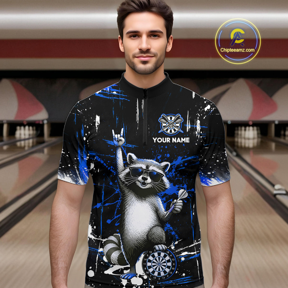 Custom Blue Funny Raccoon Dart Team Shirt for Men Dart Jersey Polo & /4-Zip Dartboard Shirt Outfit DHT29