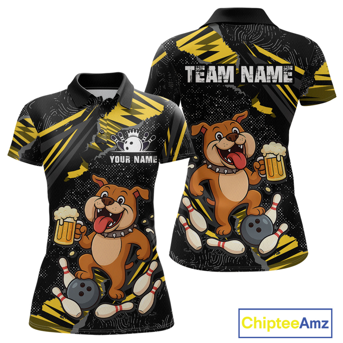 Front and back view custom black yellow bulldog bowling polo shirt featuring a playful cartoon mascot, bowling ball, beer mug and yellow paint splash pattern, displaying Your Name and Team Name