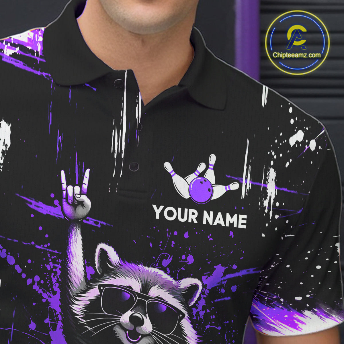 Custom Purple Funny Raccoon Bowling Shirt for Men Bowling Jersey Polo & 1/4-Zip Bowling Outfit QZT892