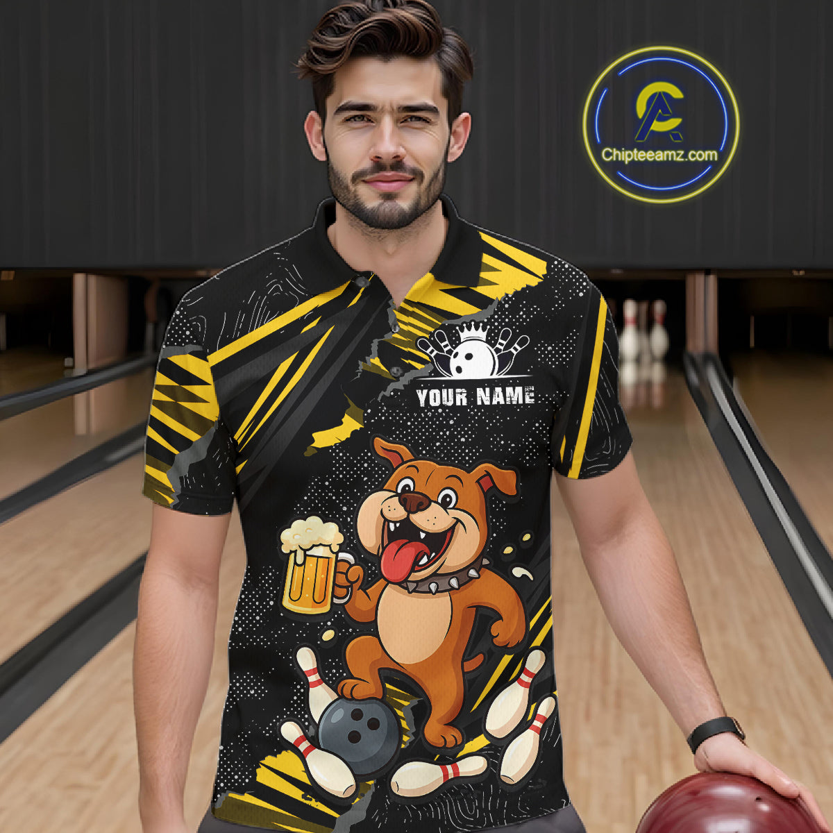 A man wearing custom black yellow bulldog bowling polo shirt front view featuring a playful cartoon mascot, bowling ball and beer mug, displaying Your Name, at the bowling alley
