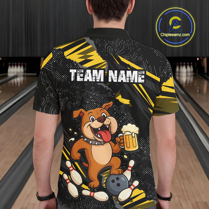 A man wearing custom black yellow bulldog bowling polo shirt back view featuring a bowling ball, beer mug and yellow paint splash pattern, displaying Team Name, at the bowling alley