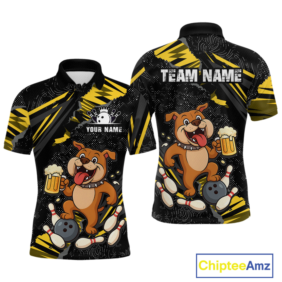 Front and back view custom black yellow bulldog bowling polo shirt featuring a playful cartoon mascot, bowling ball, beer mug and yellow paint splash pattern, displaying Your Name and Team Name